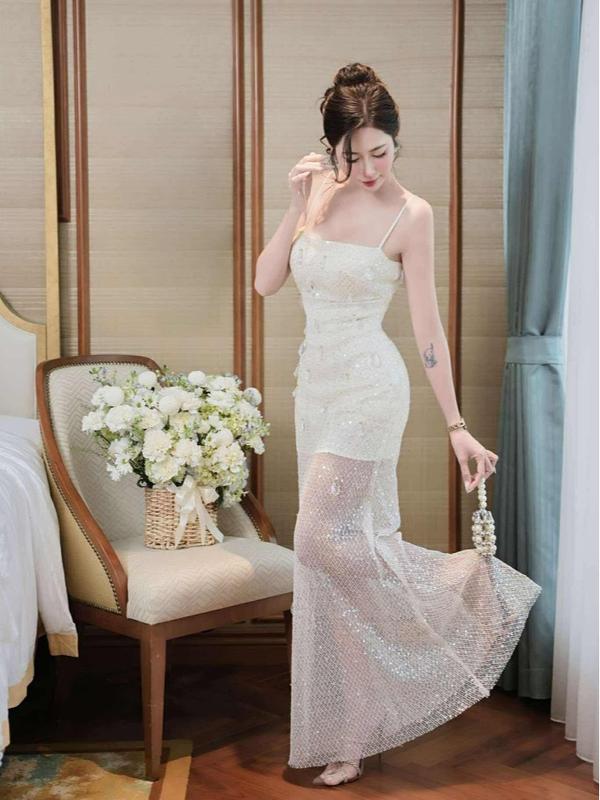 Đầm thiết kế 2 dây kim sa Kem K954 sang chảnh