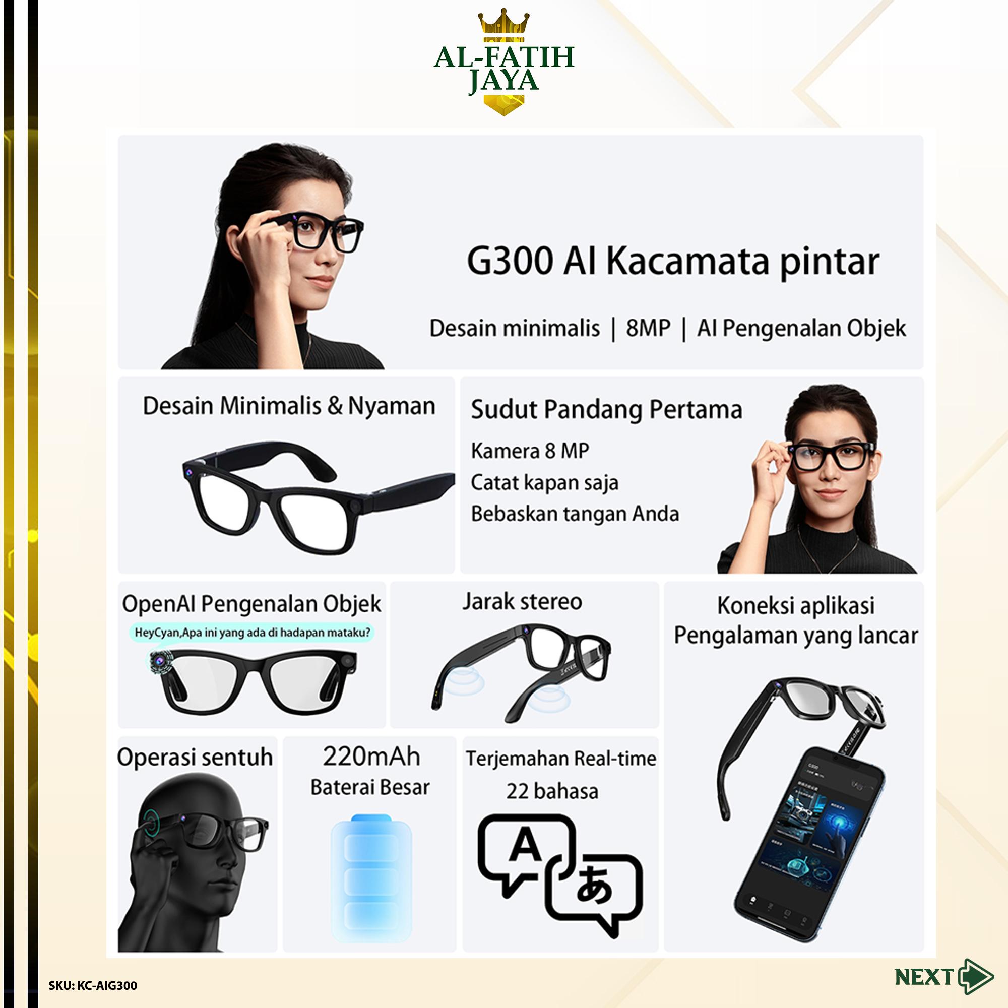 G300 AI Intelligent Glasses Kacamata Cerdas Kamera 800W Pixel HD Video Recording Voice Call Bluetooth AI Translation Penerjemah Langsung Gaya Modern Paling Canggih