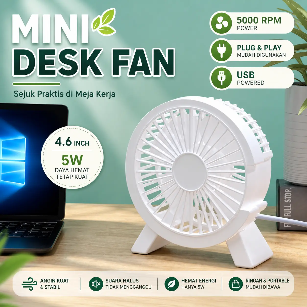 OLOEY Kipas Angin Meja Mini Desk Fan YLG-06 Strong Wind USB Plug-in Desain Minimalis Kabel Power USB Bahan PP Kokoh Nyaman untuk Belajar Bekerja Garansi 24 Bulan