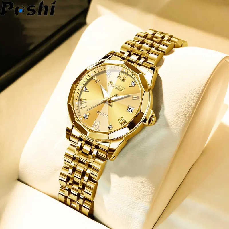 Đồng Hồ Thạch Anh Vàng, Chính Hãng, Dành Cho Nữ, Kim Cương Giả Mới, Không Thấm Nước, Dây Đeo Bằng Thép Không Gỉ, Đồng Hồ Nữ Sang Trọng 5