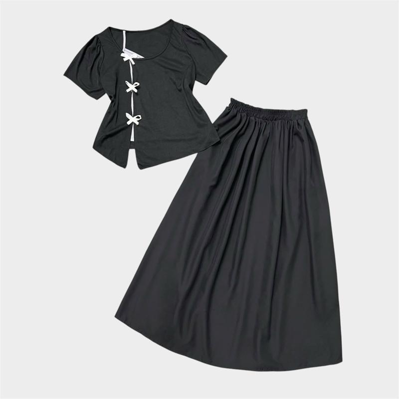 Set Bigsize Nữ Nàng Thơ (CÓ LẺ Áo/Váy), Set Bigsize Bao Gồm Áo Cổ Tròn Phối Yếm Lệch Đính Nơ Vải Tăm QC Mát Váy Dài Nàng Thơ Phong Cách Dịu Dàng (55-95Kg)- A273/ CV15