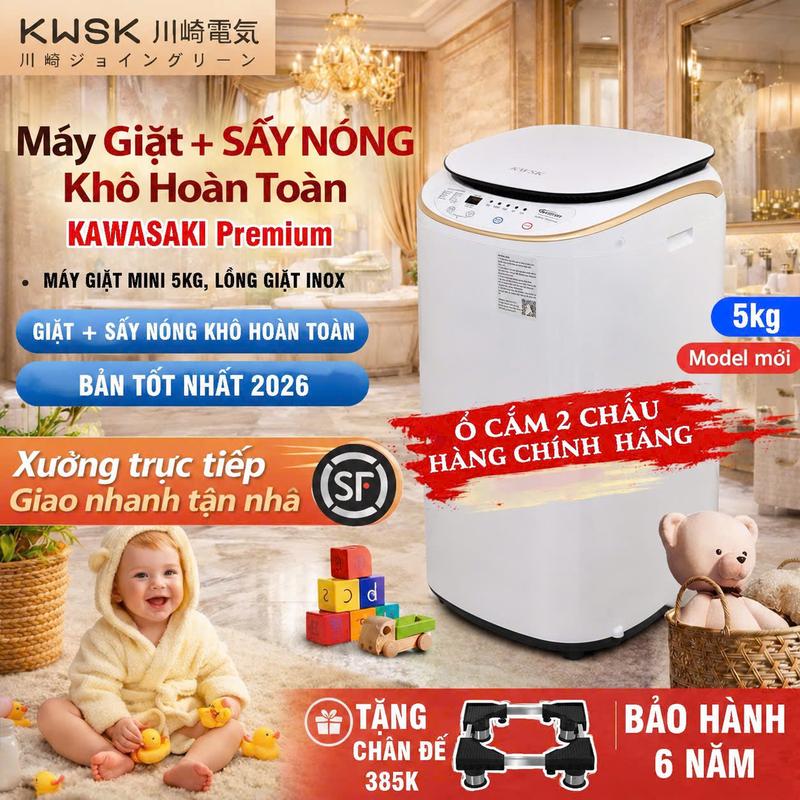 Máy giặt tích hợp sấy khô hoàn toàn Mini PVL - Kawasaki sấy nóng, khô hoàn hoàn, 10 chức năng giặt - Bảo Hành 6 Năm