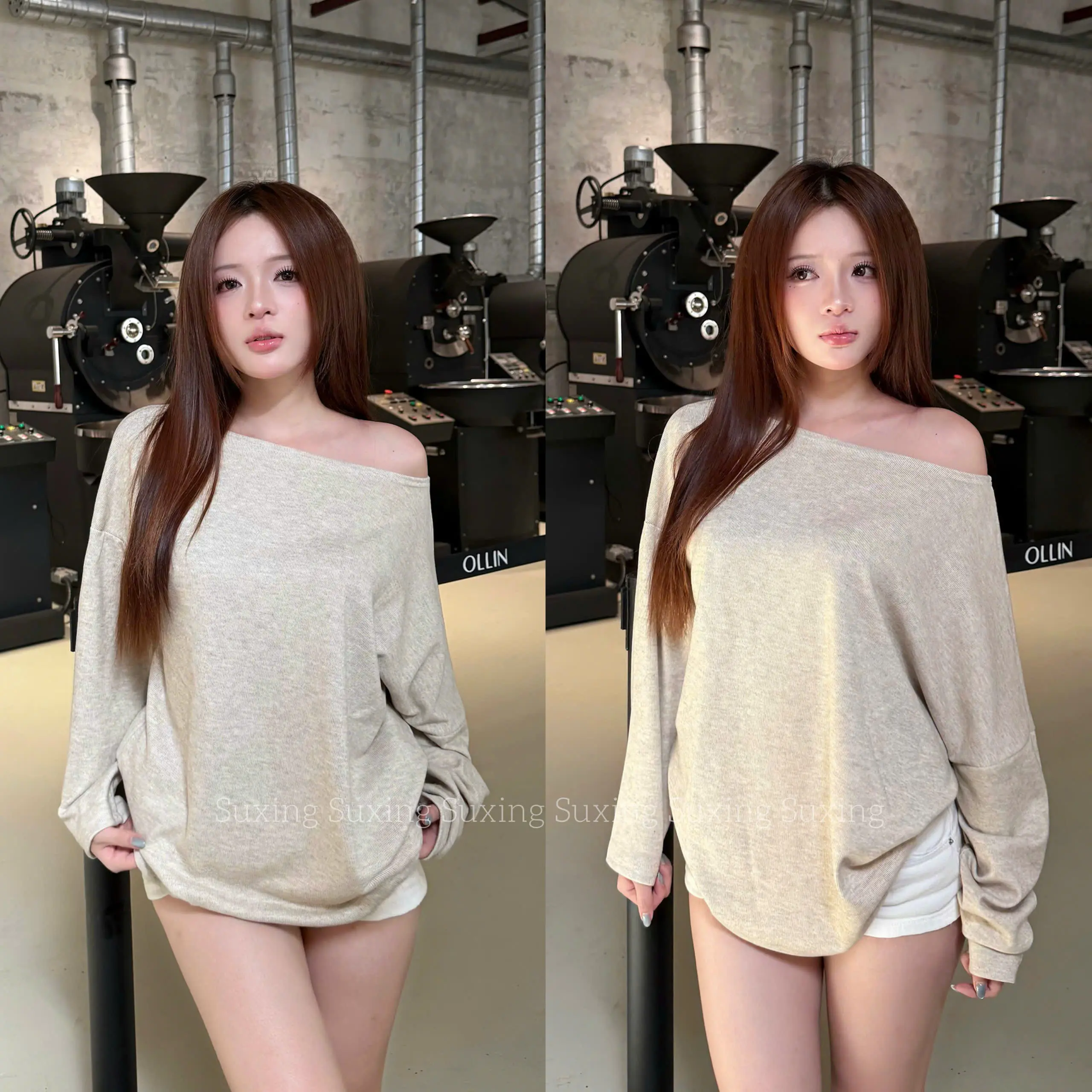 SUXING Áo lệch vai dài tay, Áo thun dài tay lệch vai chất thun tăm thỏ mềm mại Nữ - S104