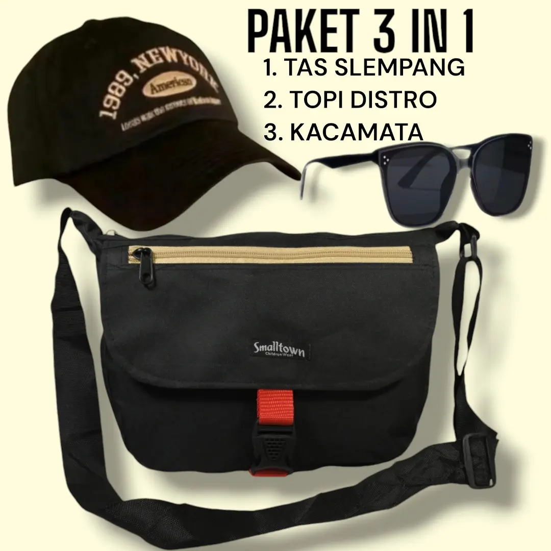 Paket Beli 1 Dapat 3 Tas Selempang 3 Ruang Gratis Topi Distro dan Kacamata Pria Wanita Cowok Skena Body Bag