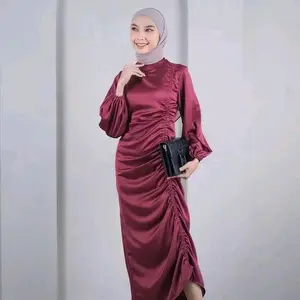 DRESS SATIN PREMIUM andini dres serut panjang dres darla/ satin / mewah muslim silk Gamis Kondangan  Gaun Casual Gaun  Dewasa Nyaman Maxi Maroon pesta Karet Samping lebaran Wudhu Wanita Simple