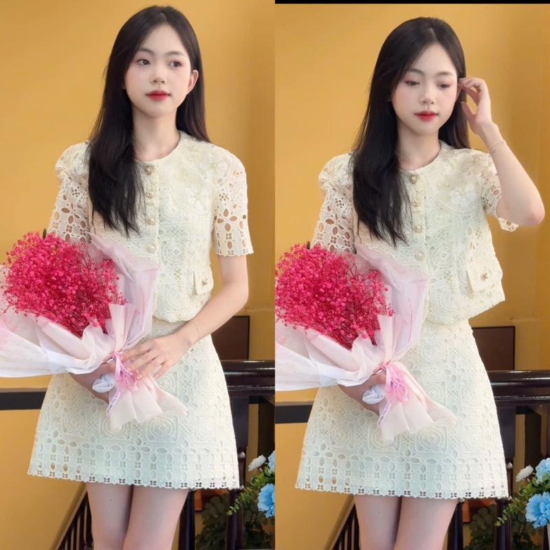 Miiu shop - Set ren ngắn cổ sen 2ct gồm áo và chân váy ren