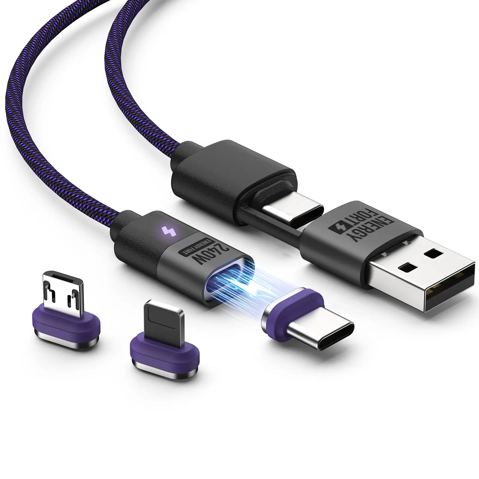 USB A/C Magnetic Fast Charging Cable with Tips, for Universal Devices Protocol 240W PD Aluminum Alloy Shielding Braided Flexible Bending Compatible with Thunderbolt 4 IOS Android Oppo Samsung XPS Tablet Micro USB Smartphone