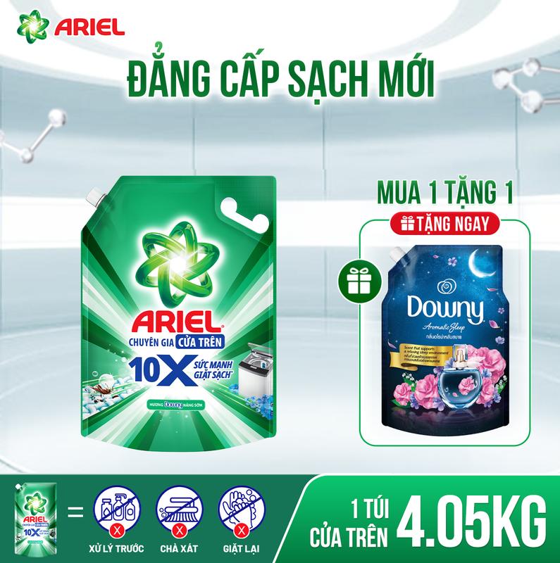 [Mua 1 tặng 1] Nước giặt siêu sạch Ariel 10X đậm đặc hương Downy nắng sớm thơm lâu cửa trên/cửa trước 3.7kg - 4.05kg tặng Nước xả Downy 1L Thư thái