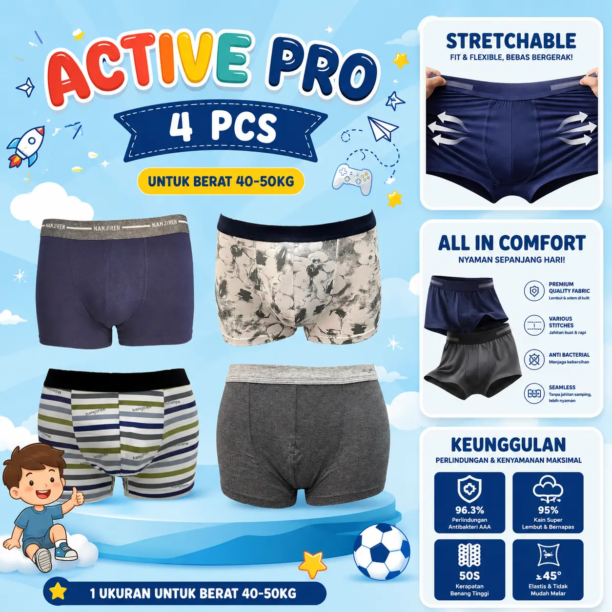 {BELI 1 GRATIS 1} CUCI GUDANG STOK TERAKHIR Celana Dalam Premium Anak Anak Kids Boxer 8 PCS Katun Adem Breathable Elastis Lembut Stretchable Celana Dalam Anak
