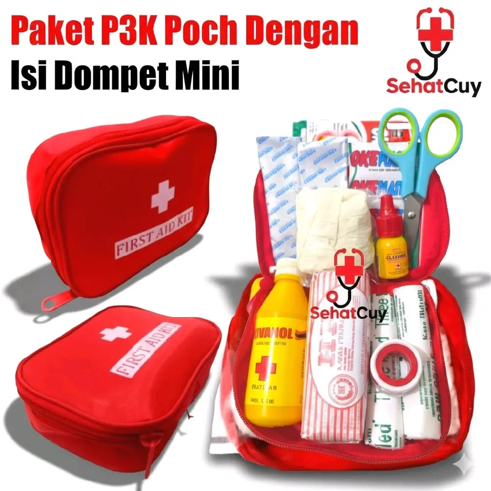 Paket P3K Travel Kit Dompet Mini Isi Lengkap Tas Merah Praktis untuk Mobil dan Perjalanan