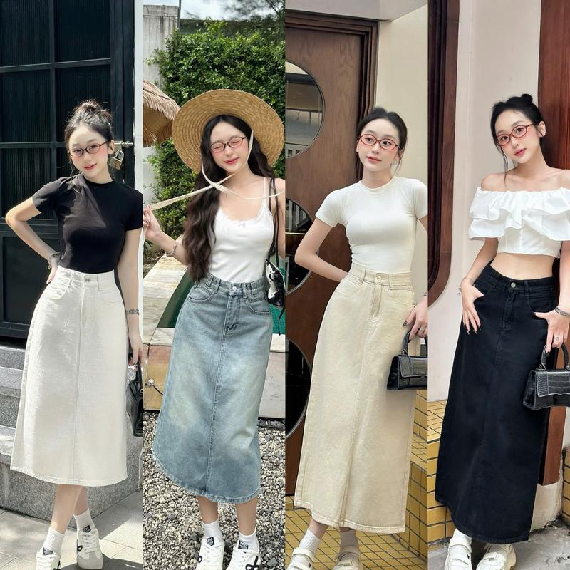 Có váy cho nấm M06 Chân váy jeans nữ from A nhẹ 4 màu dài 70cm và 85cm tron xẻ sau không co giãn khonhamai