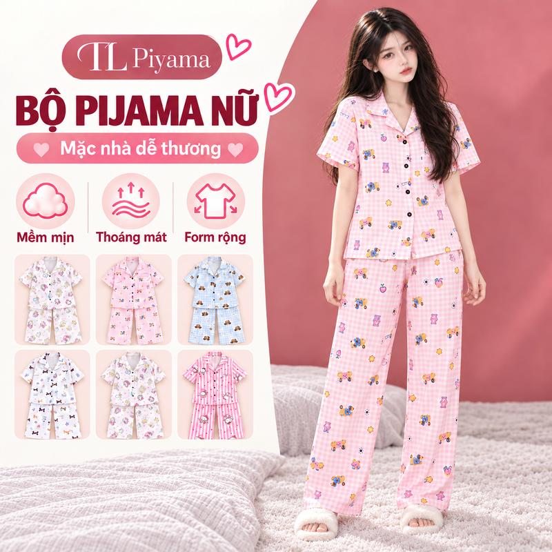Bộ Đồ Ngủ Pyjama Nữ Họa Tiết Dễ Thương, Áo Ngắn Tay Quần Dài, Chất Liệu Mềm Mại Thoải Mái - KTCL