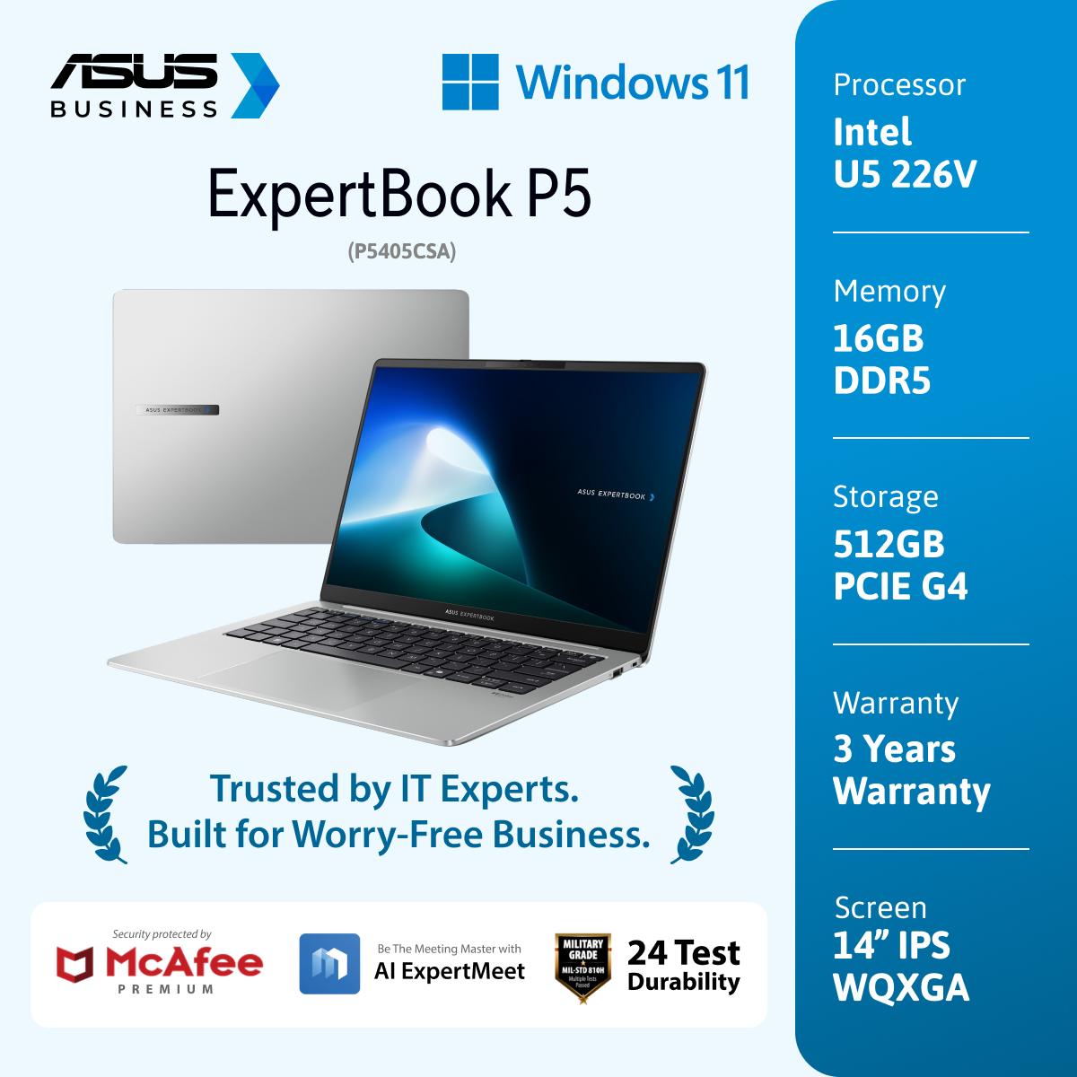 ASUS ExpertBook P5  [P5405CSA - NZ5150WS] Copilot+ PC (Intel Core Ultra 5/LPDDR5X 16GB/512GB SSD/Windows 11 Home/Intel Arc 130V GPU) - Misty Grey"