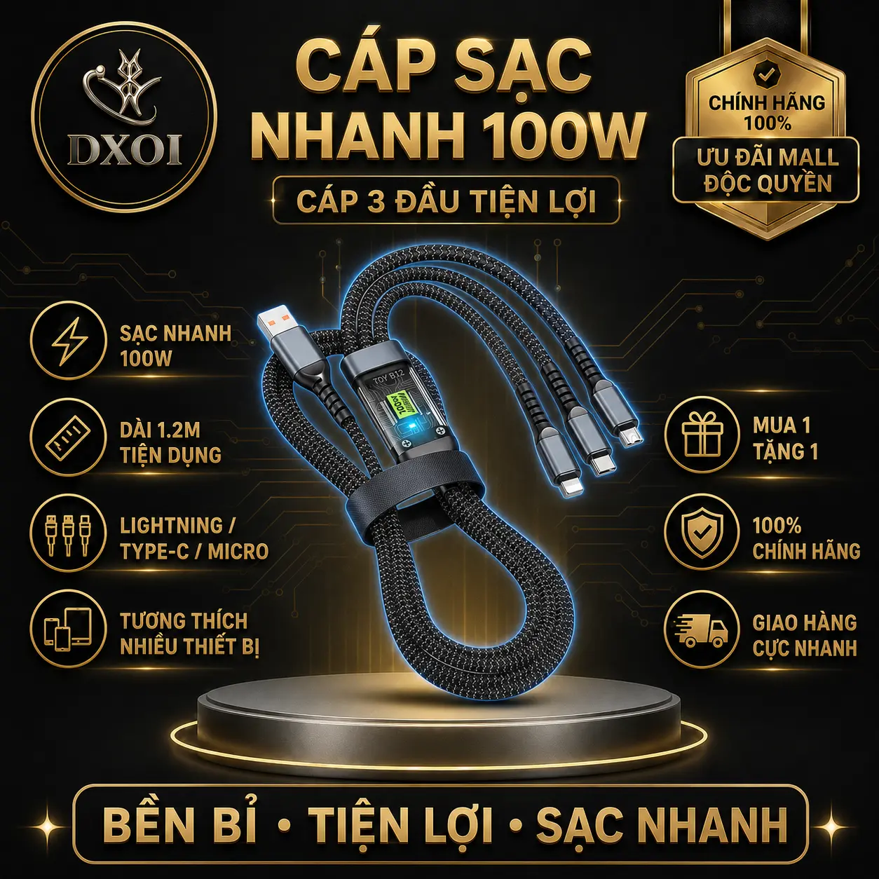 【Mua 1 tặng 1】Cáp dữ liệu ba trong một, Sạc siêu nhanh 100W, Sạc nhanh 66W, Thích hợp cho Huawei, Apple và Android, Cáp sạc điện thoại di động ba trong một, [Thanh Toán Khi Nhận Hàng]