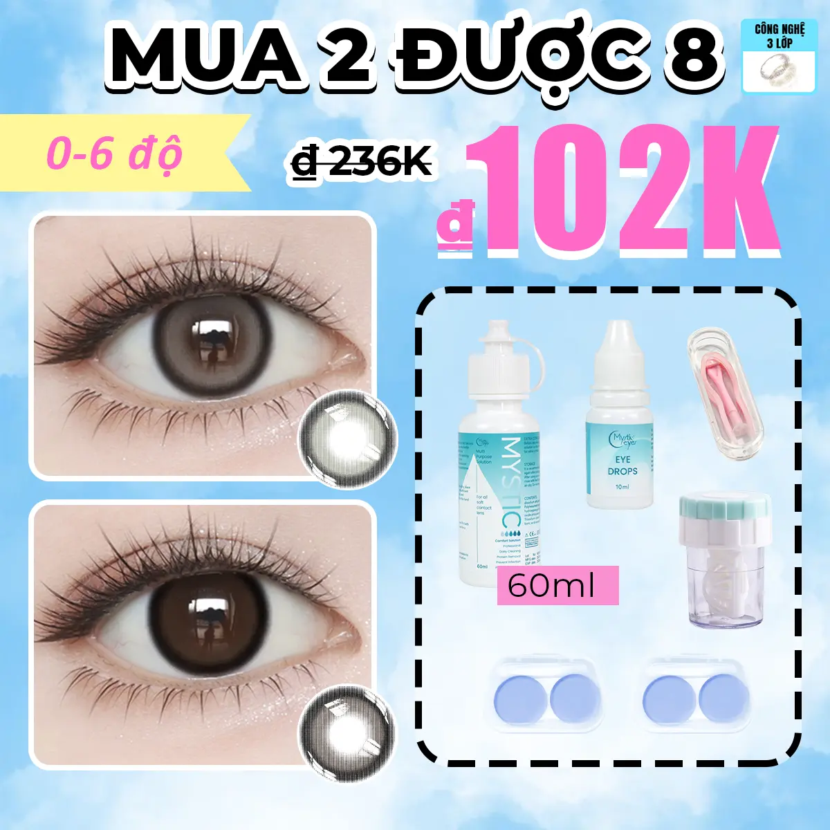 [Mua 2 được 8]0-6 độ MYSTIC EYES Kính áp tròng 2 cặp lens 14.0mm-14.5mm + 2 khay đựng lens + 1 lọ nước ngâm lens 60ml + 1 lọ nước nhỏ mắt 10ml + 1 dụng cụ rửa lens + 1 set dụng cụ đeo lens lens  cứng