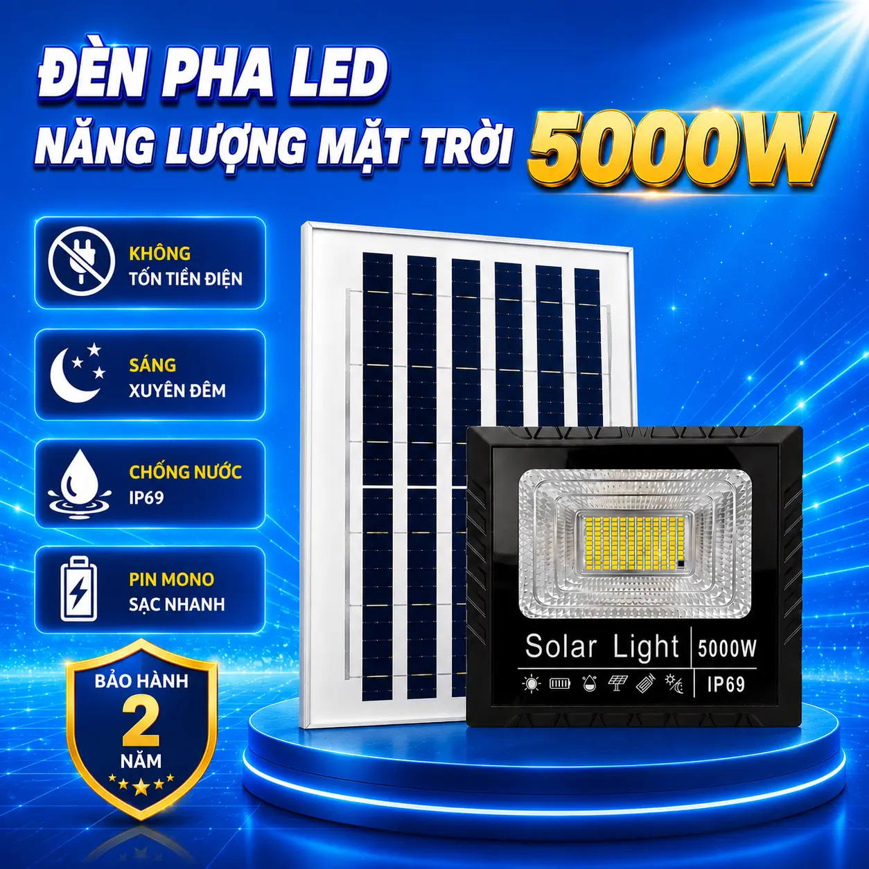 Đèn Pha Năng Lượng Mặt Trời sân vườn- Vỏ nhựa , Chống nước, tự động bật tắt, Sáng 6-8 tiếng, Không sử dụng điện đèn