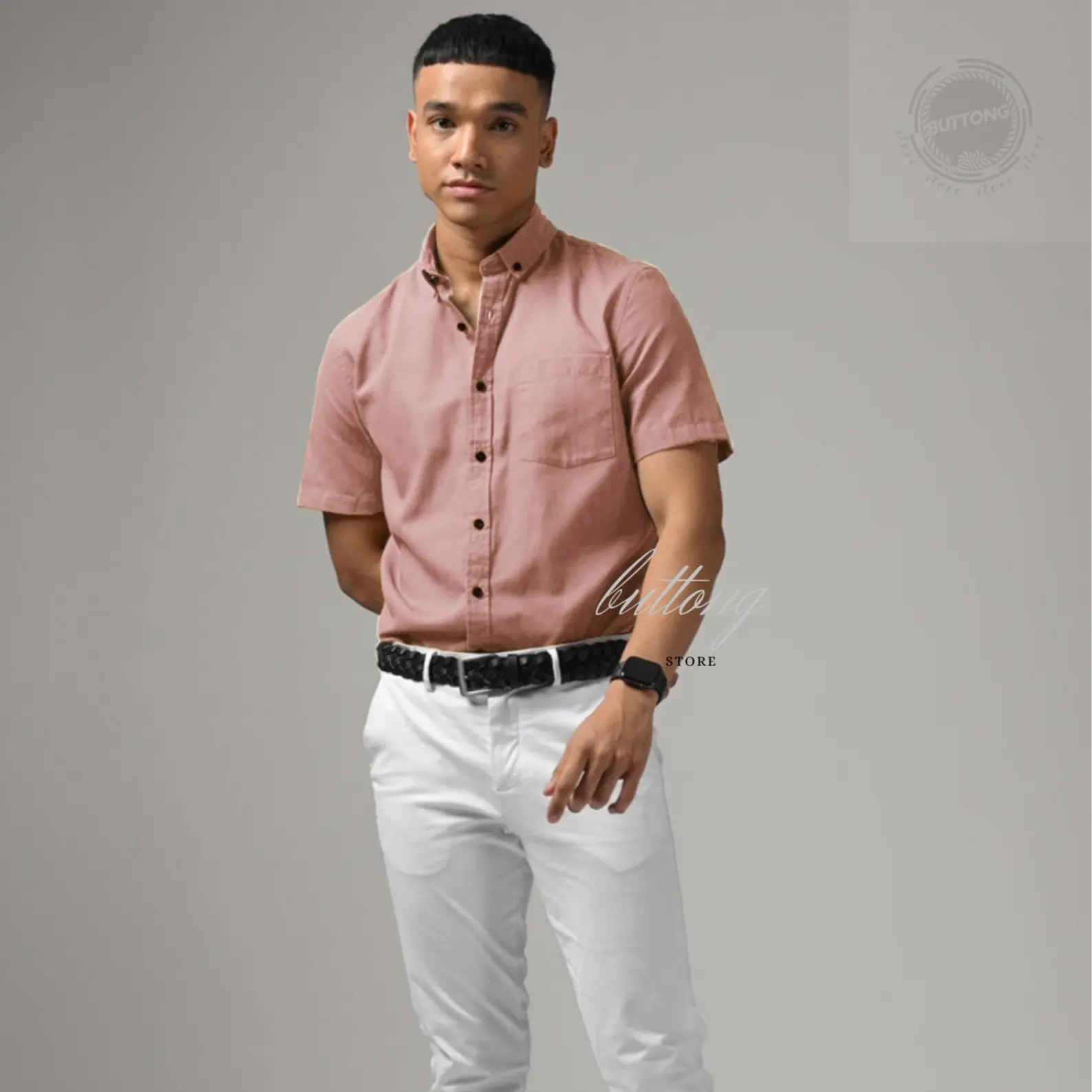 Kemeja Polos Lengan Pendek Pria Casual Warna pink baby ( dusty pink ) - M/L/XL Cotton Rami - Cuci Dingin White Formal