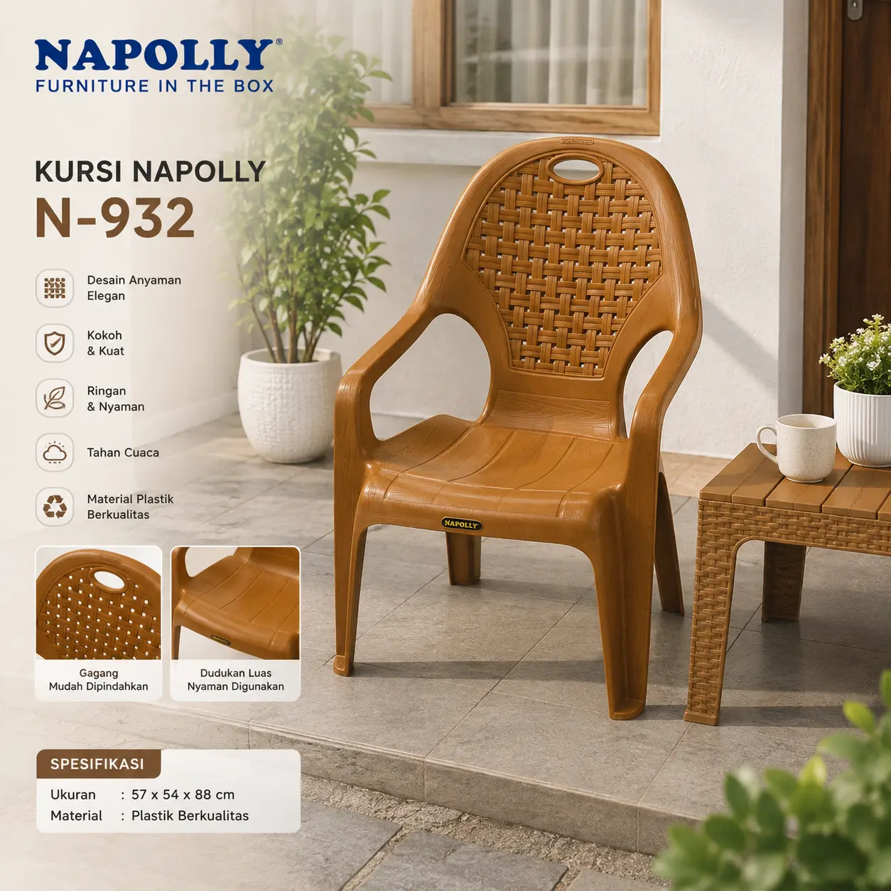 Kursi Teras Napolly N-932 Original – Kursi Santai Plastik Premium untuk Teras, Taman & Ruang Tamu