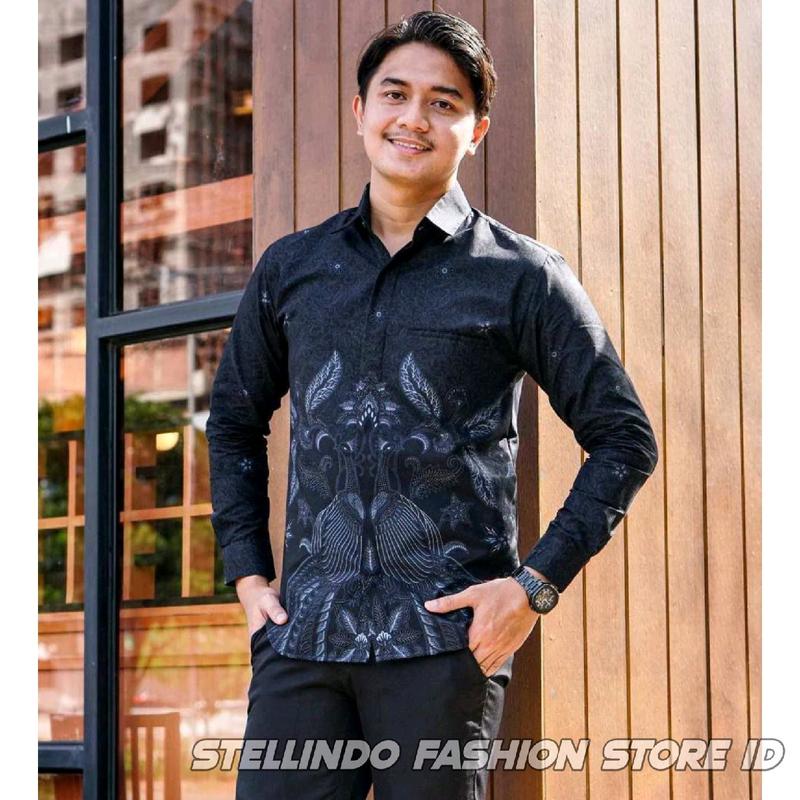 Kemeja Batik Pria Modern Katun Halus Atasan Batik Cowok Baju Kemeja Batik Lengan Panjang Hitam Size M L XL XXL 3