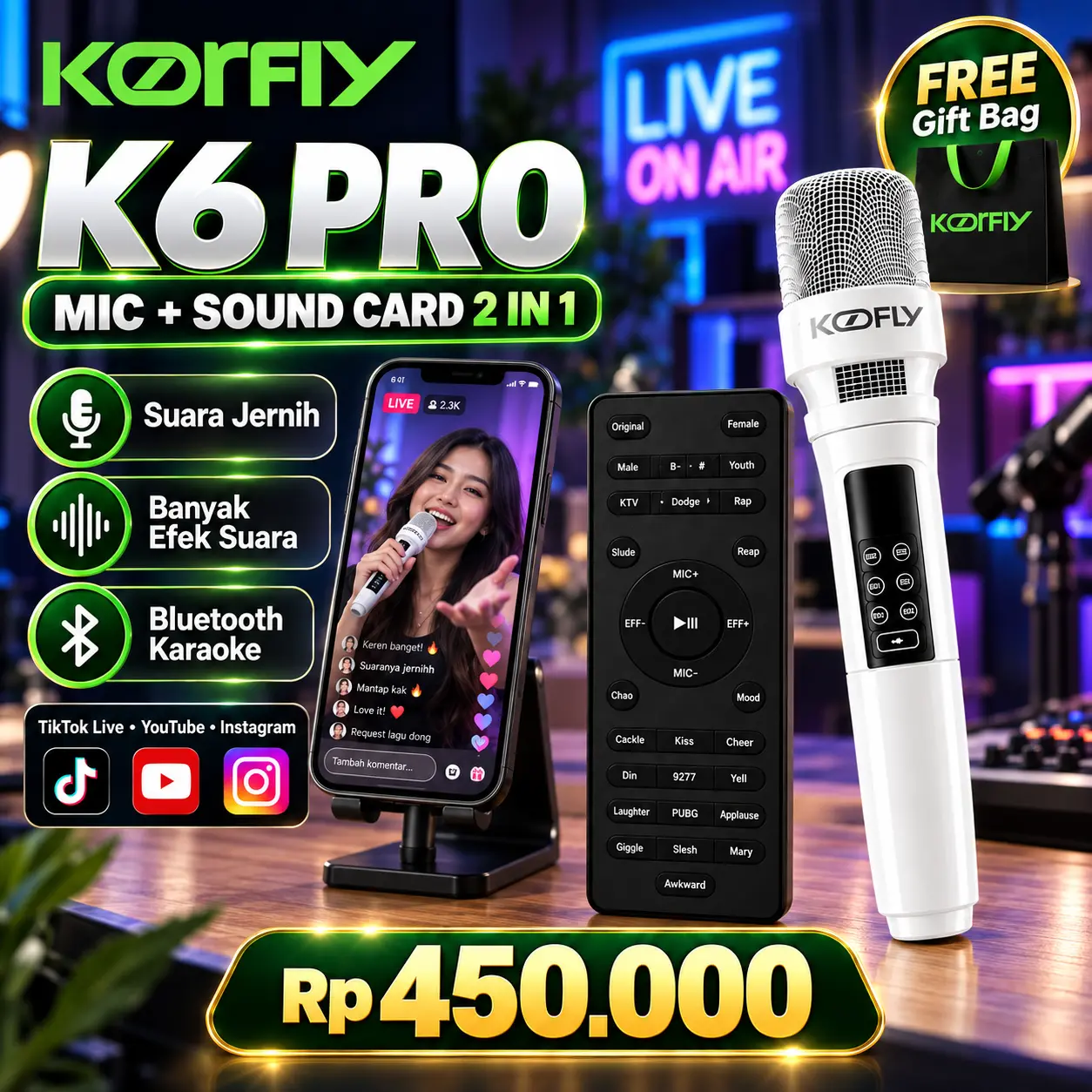 Koorfly K6 Pro Mikrofon Karaoke All-in-OneSoundcard Bluetooth dengan Reverb, Mic SuaraJernih untuk TikTok Live Streaming, YouTube &Karaoke