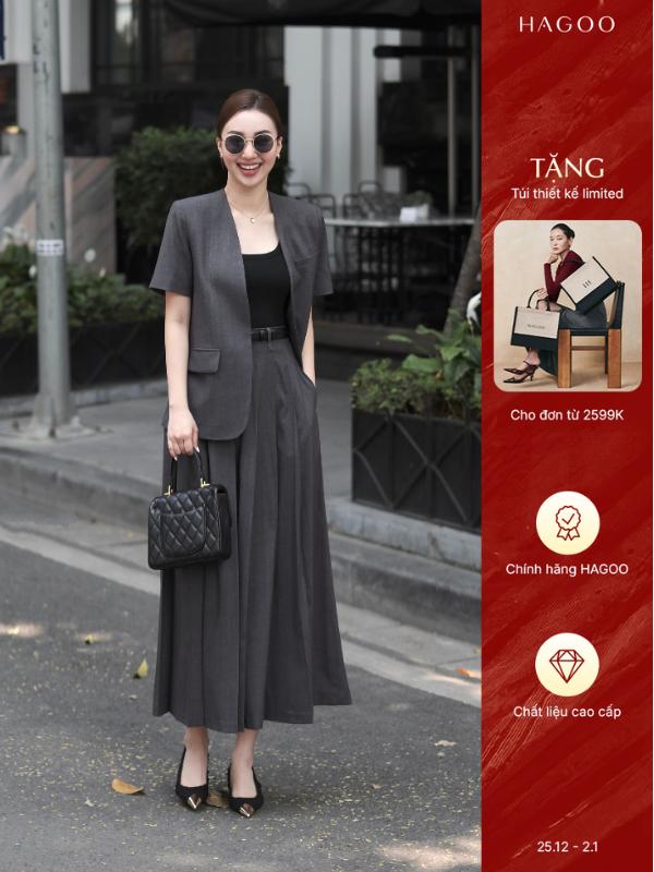  Set 2 chi tiết mix blazer không cổ ngắn tay & chân váy dài xếp ly HAGOO thanh lịch   B617 -CV619   