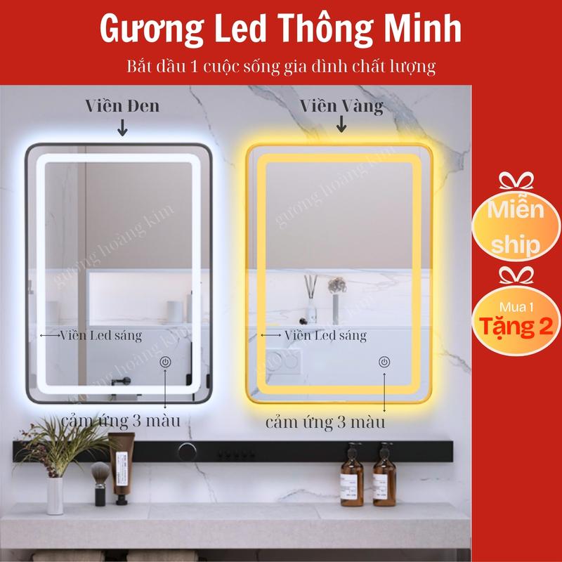 Guonghoangkim Gương Đèn Led Cảm Ứng Treo Phòng Tắm Kích Thước 45x60cm Chữ Nhật Treo Bàn Trang Điểm Viền Vàng & Đen Chống Ố Mốc 3 Màu Led Trắng Vàng Trung Tính Cho Phòng Khách Salon Tóc