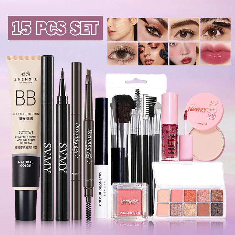Bộ Mỹ Phẩm Trang Điểm Hoàn Chỉnh, 1 Bộ, Bảng Phấn Mắt 10 Màu, Kem BB, Son Kem, Bút Chì Kẻ Lông Mày, Phấn Đánh, Mascara, Kẻ Mắt Dạng Lỏng, Phấn Phủ, Kèm 7 Cọ Trang Điểm, [Thanh Toán Khi Nhận Hàng]