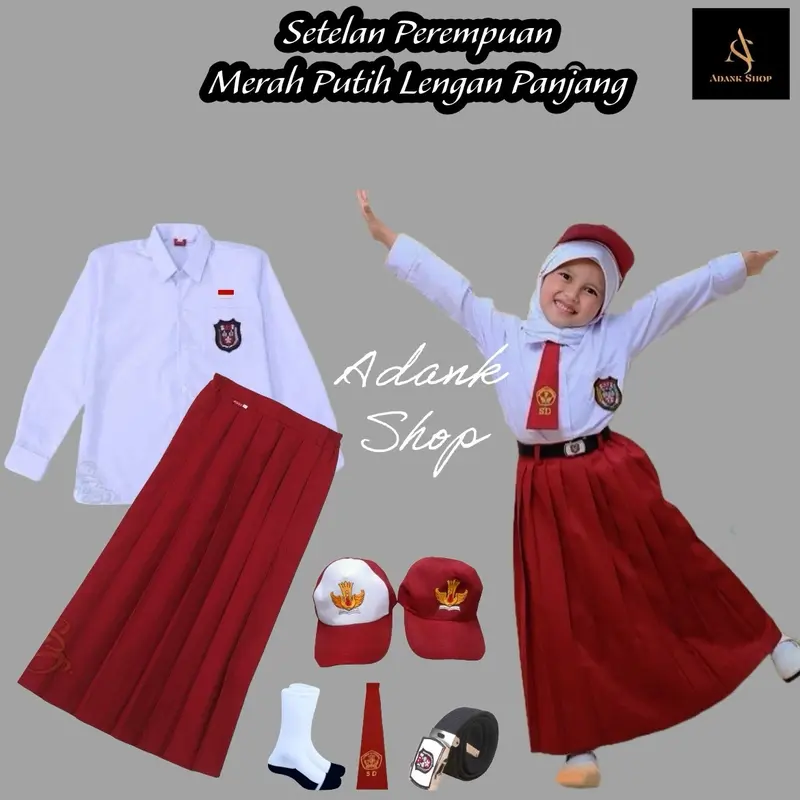 Seragam lengkap merah putih perempuan SD kelas 1-6 lengan panjang Baju Rok Setelan 0
