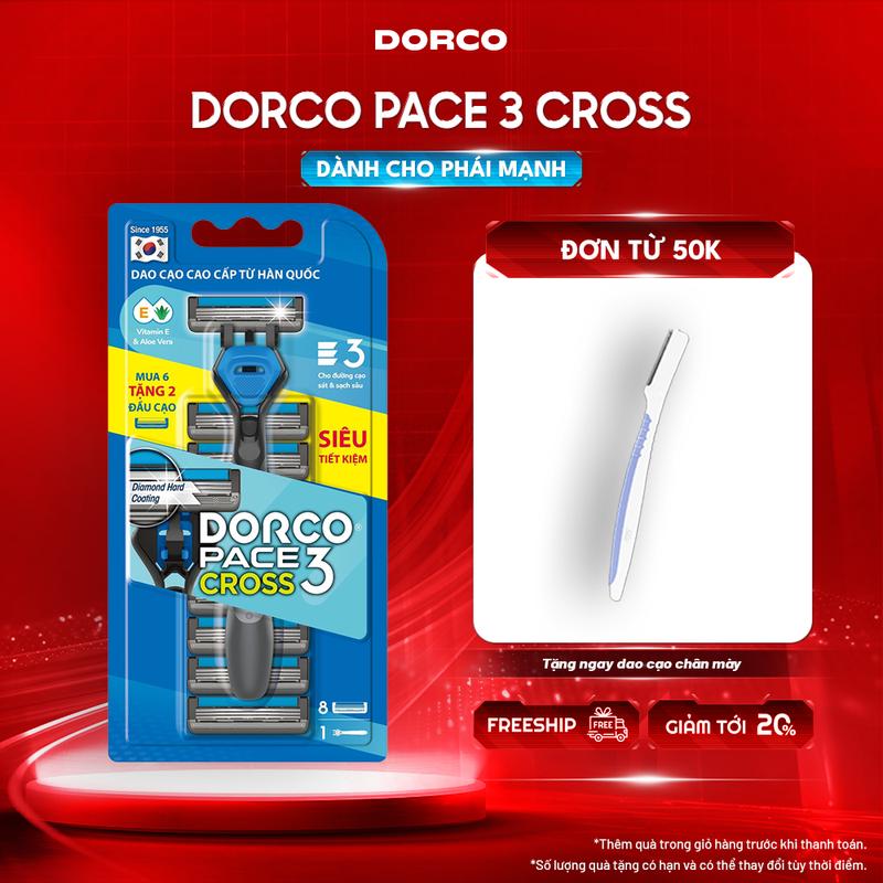 DORCO PACE 3 CROSS - Dao Cạo Râu Hàn Quốc 3 Lưỡi - Hộp Gồm 1 Cán và 8 Đầu Cạo
