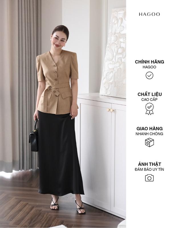 Áo ký giả tay vuông đai eo tôn dáng, áo kiểu nữ thanh lịch công sở HAGOO [ A377 ]
