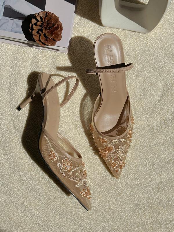  LT146- Giày Cao Gót Slingback Lưới Thêu Hoa Đính Ngọc Trai Mũi Nhọn Thanh Lịch Alex Sara 