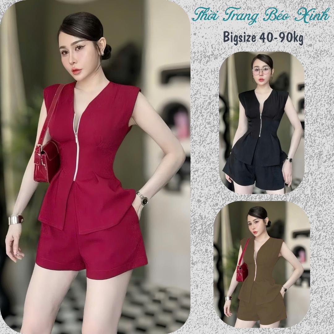 Thời Trang Bigsize Set Quần Đùi Áo Cổ Tim Phối Dây Kéo Vải Cotton Lạnh 40 - 90Kg Dễ Thương Top Nữ Đen Women - A.1539