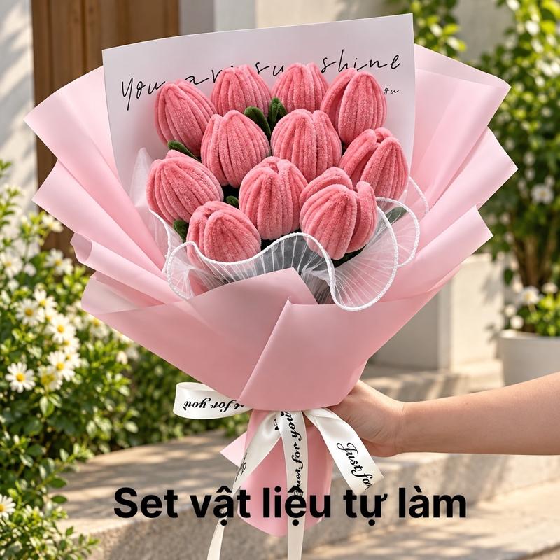 Khách Tự Làm - Có video HD - Set vật liệu bó hoa tulip bằng kẽm nhung TẶNG ĐÈN LED và thiệp quà tặng ngày lễ DIY handmade - S0078