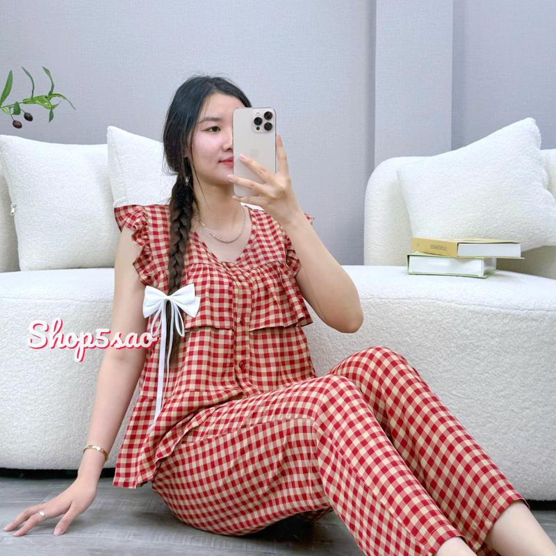 Đồ bộ tole nữ bộ lanh mặc nhà áo babydoll bèo ngực gài nút quần dài Shop5sao 43-75kg