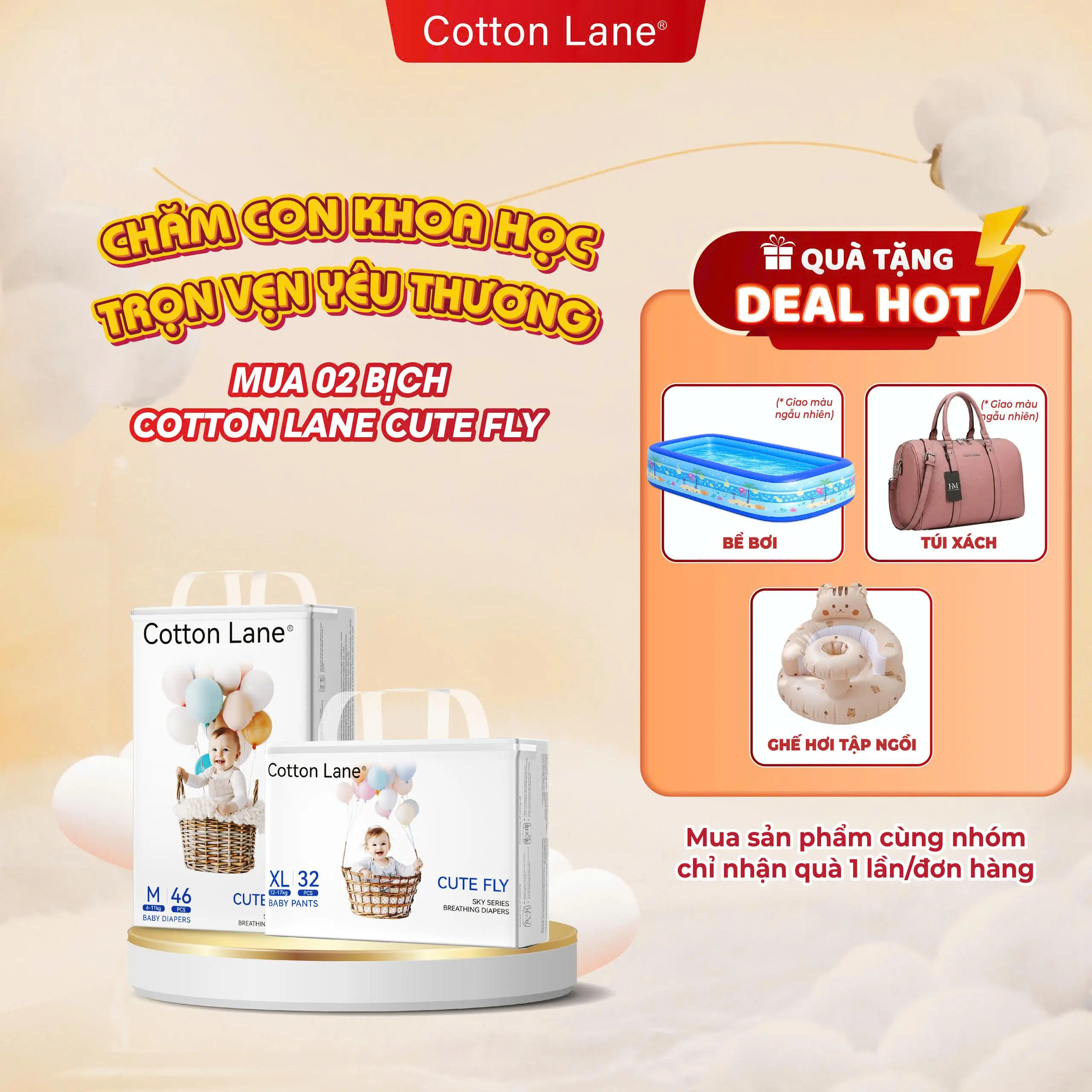 2 Bịch Tã/Bỉm Cotton Lane Cute Fly, tiêu chuẩn Châu Âu, Mềm Mại, Thấm Hút 1600ml | Dán & Quần Đủ Size