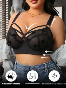 Sujetador sexy de encaje transparente para mujer talla grande con anillo de acero, cobertura completa y soporte push-up, diseño liso en los lados, tirantes anchos, uso diario