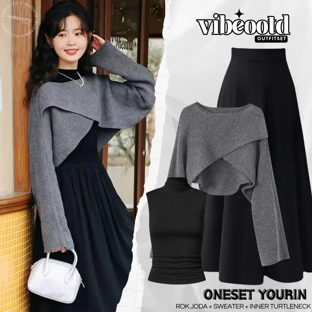 Yourin Outfit Set Wanita ( Rok A-Line Payung Panjang + Atasan Sweater Cross Top + Inner Turtleneck ) Setelan Ootd Korean Look | One set Casual Hangout | Simple Fit Formal