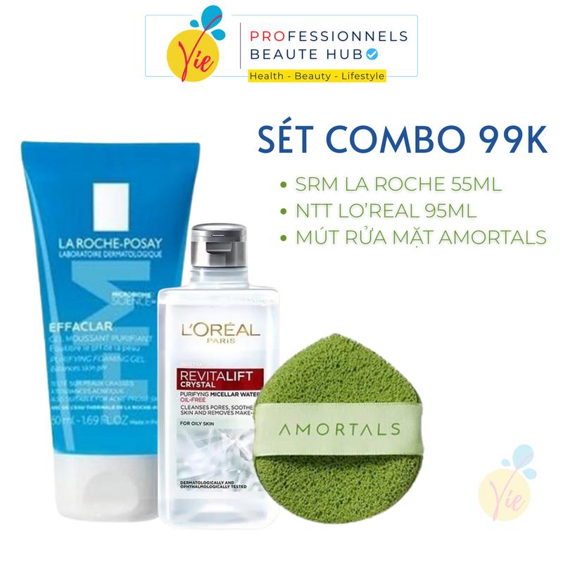  Sét Sữa Rửa Mặt La Roche Posay 50ml + Nước Tẩy Trang Loreal 95ml + Mút rửa Mặt Amortals 