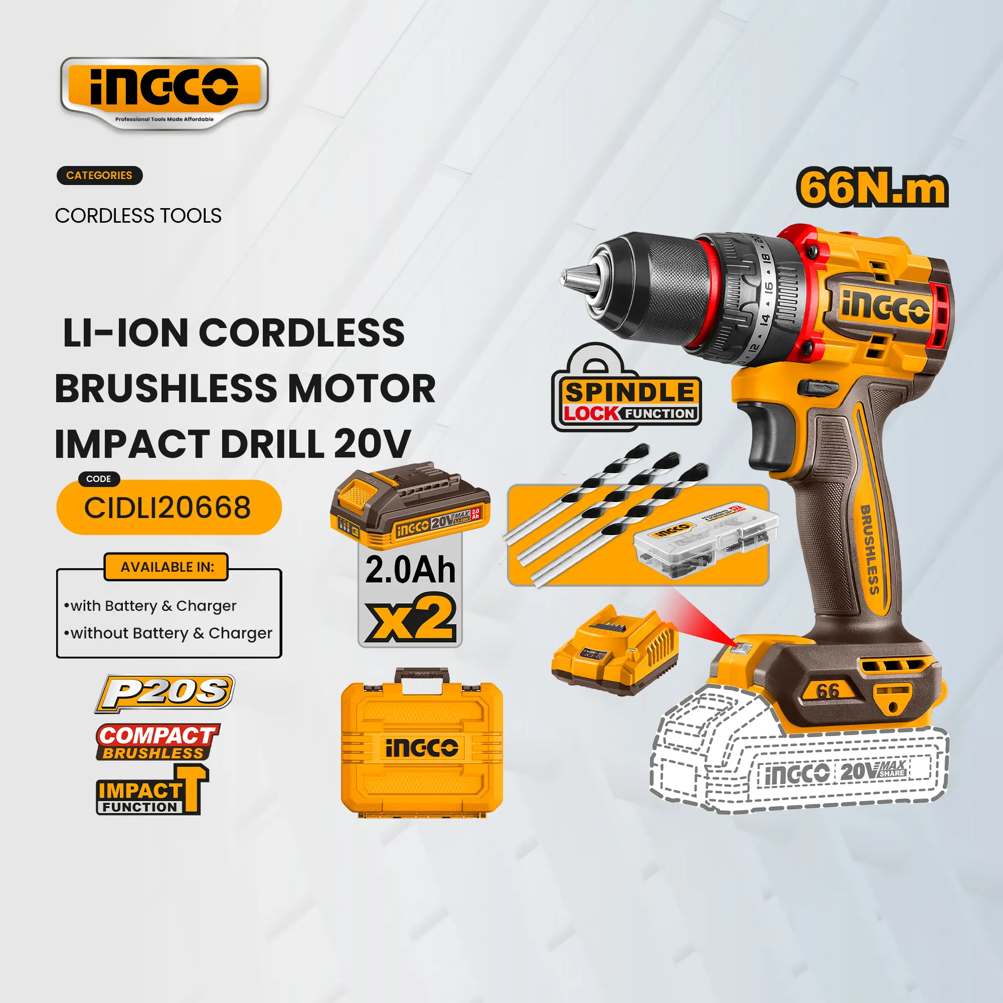 Ingco P20 Series Li-Ion Cordless 20V Brushless Motor Impact Drill 20V Max:66NM CIDLI20668 | CIDLI206681 (ICT)