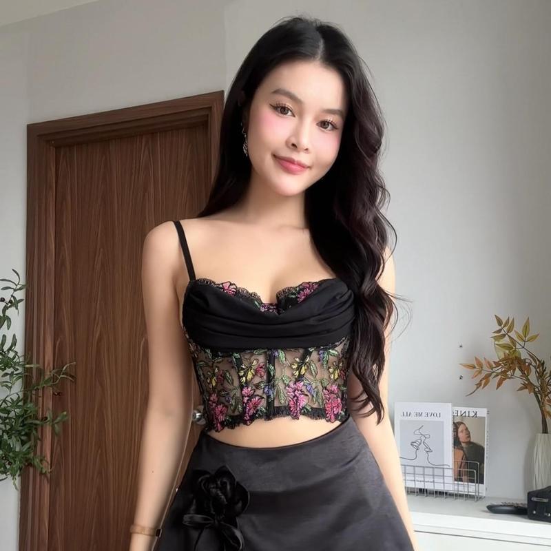  Áo TM55  Corset Croptop Ren Thêu Gọng Mút Mỏng Thiết Kế TIMIN 