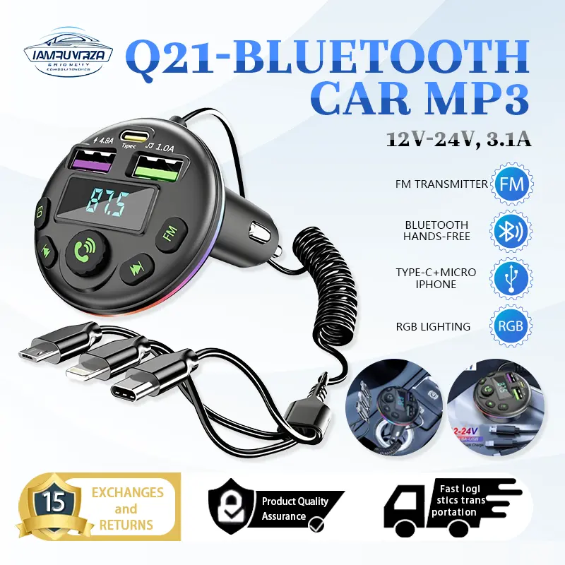 Bluetooth 5.0 FM Transmitter, Bộ phát điện tử tự động cho ô tô, Máy phát MP3, Máy nghe nhạc rảnh tay, Bộ thu âm thanh, với Cáp sạc 3 trong 1