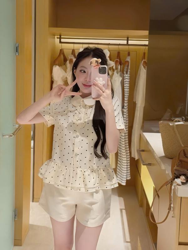 BIGSIZE HIẾU HIẾU 55-95KG - Set bộ thời trang nữ Áo chấm bi cổ sen tay ngắn + Quần đùi dáng ngắn S659