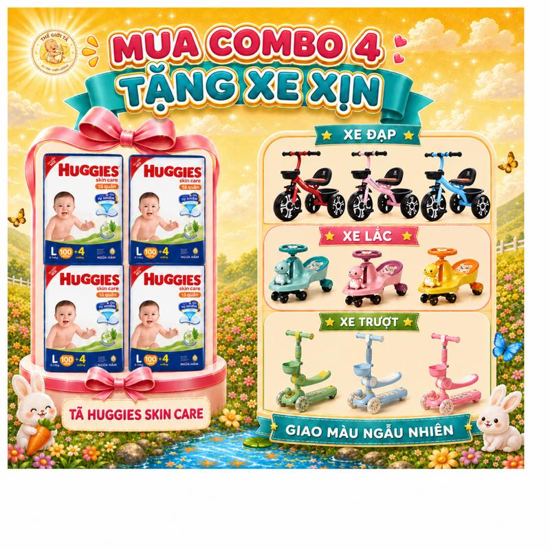 Combo 4 gói tã quần HUGGIES SKINCARE (M102+4/L100+4/XL84+4/XXL76+4) - TẶNG NGAY XE ĐẠP/ XE LẮC HOẶC XE TRƯỢT - MIX SIZE GHI CHÚ