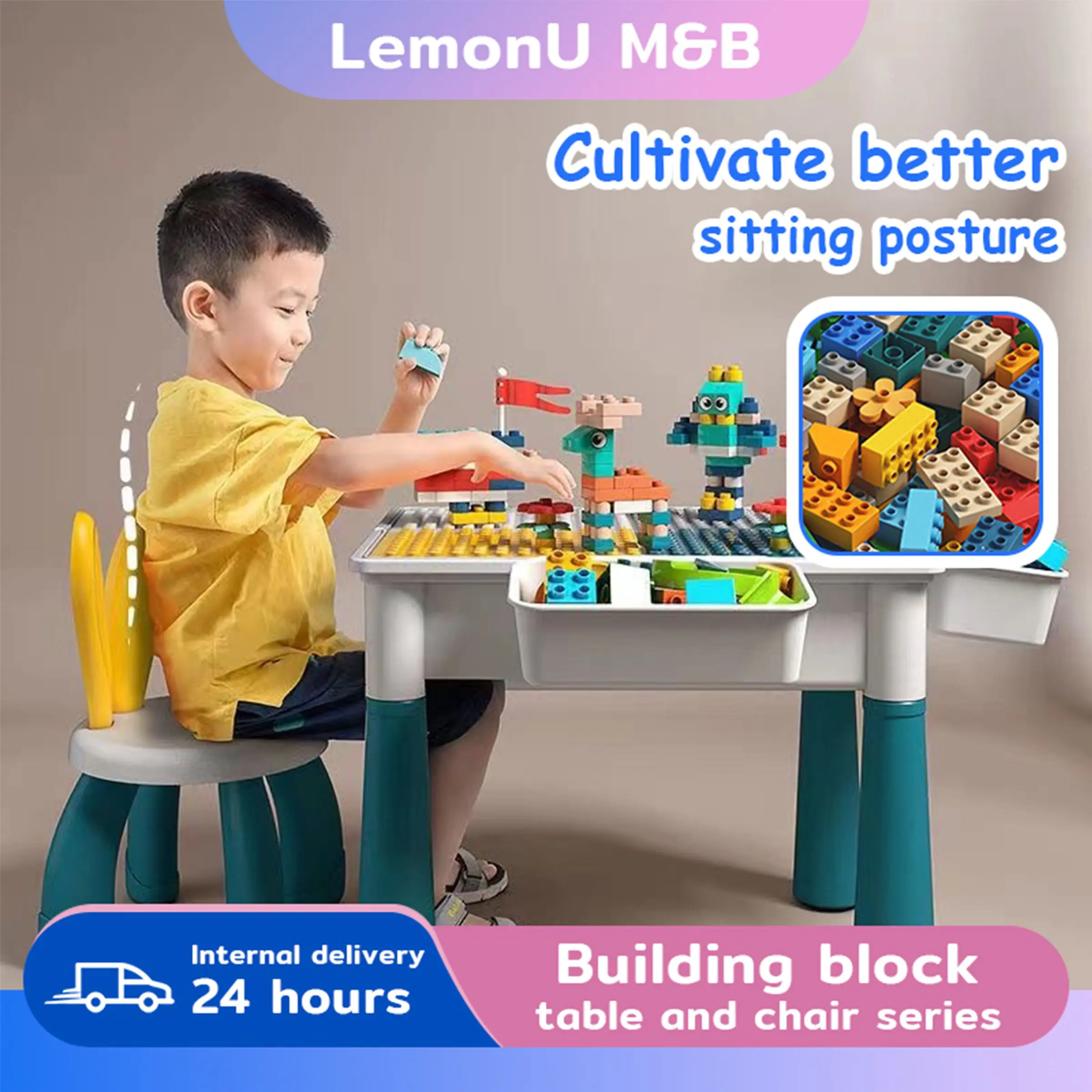【Ready Stock】542PCS Building Block Table For Kids Multifunctional Building Block table meja belajar kanak kanak  Children