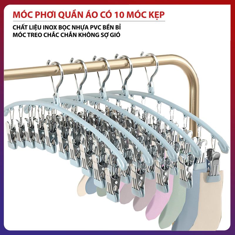 Móc Phơi Quần Áo Có 10 Móc Kẹp MQ-02 Móc Treo Quần Áo Có Kẹp Phơi Quần Áo, Tât Vớ, Đồ Lót, Phơi Đồ Cho Bé Phủ Nhựa PVC Mềm Chống Sỉ Chắc Chắn Bền Bỉ