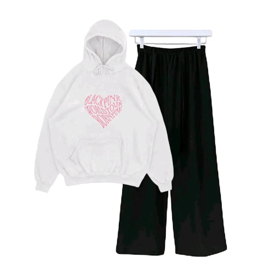 Setelan Sweater Hoodie dan celana kulot wanita BLACK PINK LOVE wanita remaja Kekinian style umur 9-17 tahun (COD) Fashion Lengan panjang