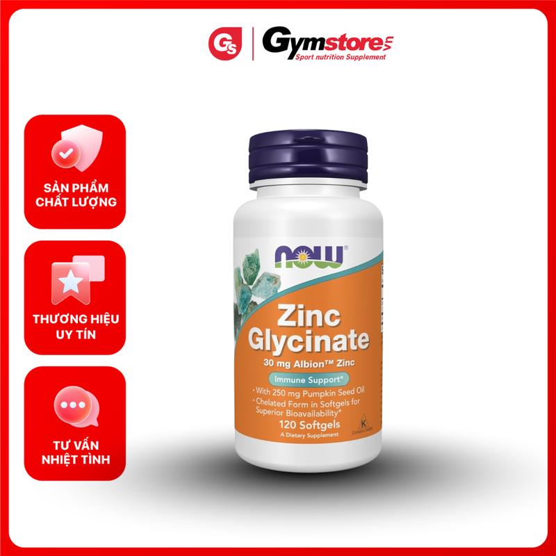 Viên uống bổ sung Kẽm NOW Zinc Glycinate 30 mg Albion TRAACS Zinc 120 Softgels | Made in USA