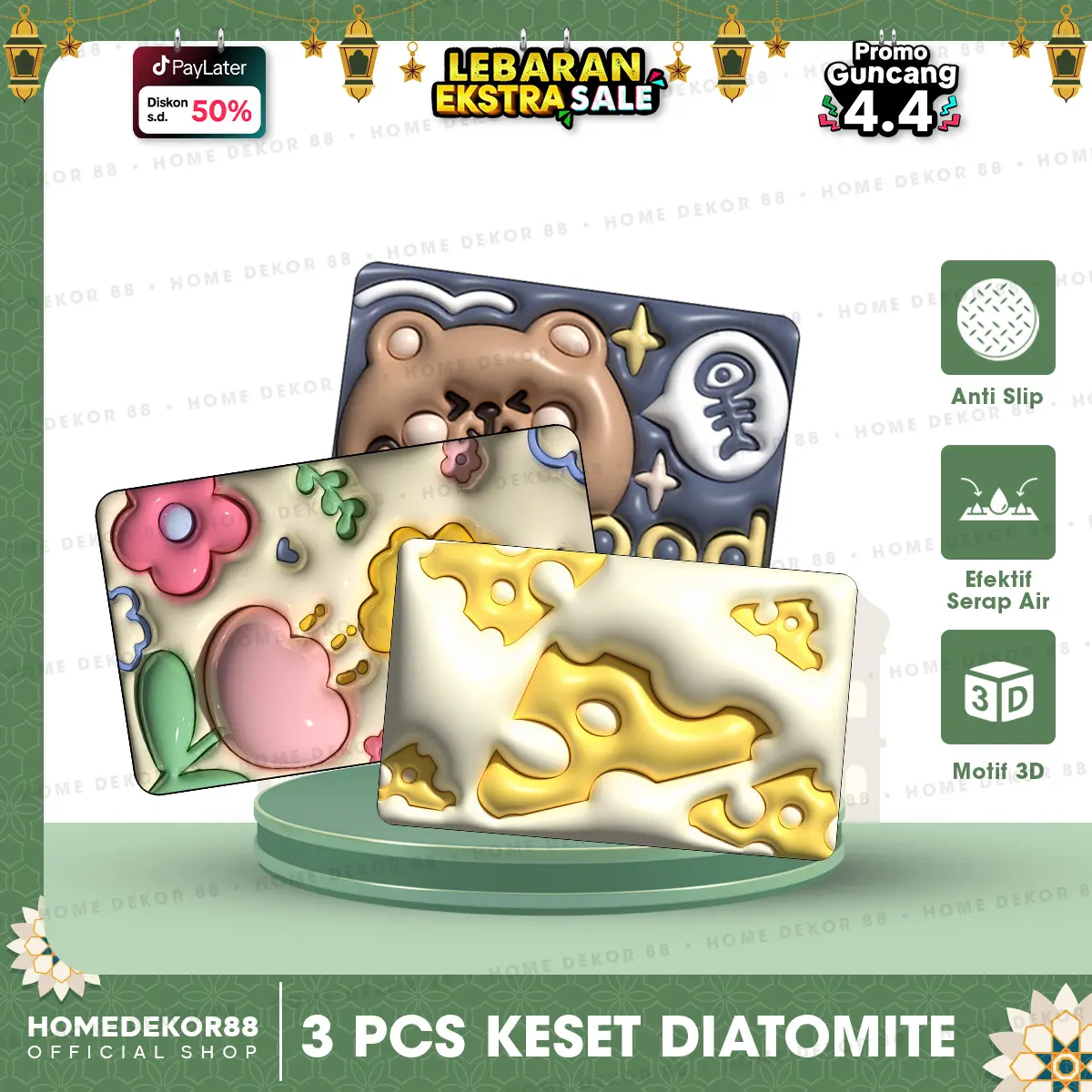 HOMEDEKOR - PAKET 3 PCS Keset Kamar Mandi Keset Kamar Keset Lantai Motif Karakter 3D Diatomite BISA COD