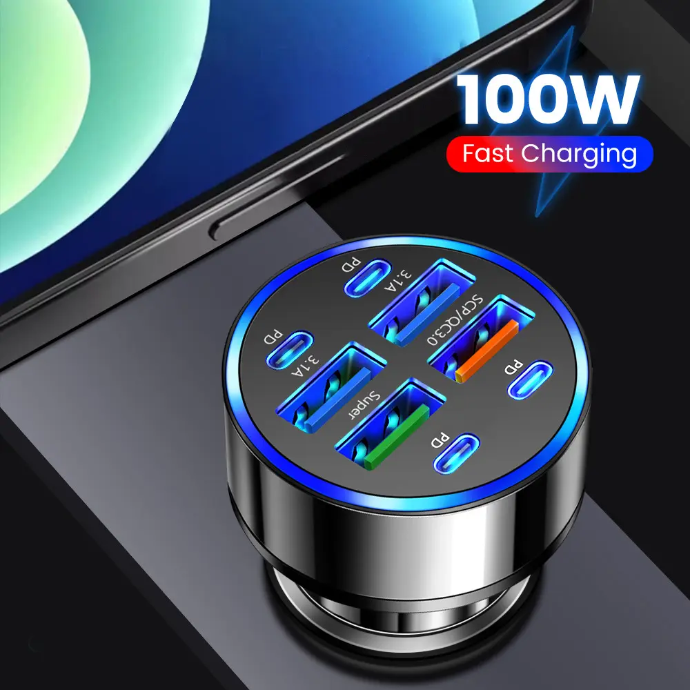 8 Port USB Car Charger 100W QC3.0 PD Fast Charging Type C Adapter Car Phone Charger for Xiaomi Samsung iPad POCO Huawei Xiaomi Redmi