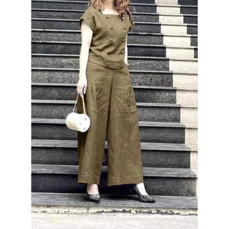 Bộ Đồ Nữ, Áo Cộc, Quần Dài, Cổ Vuông, Cúc Áo Kiểu Mã Q38